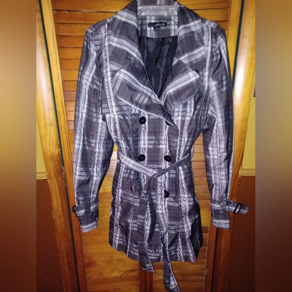 Willi Smith Black and Gray Plaid Trench Coat Size XL